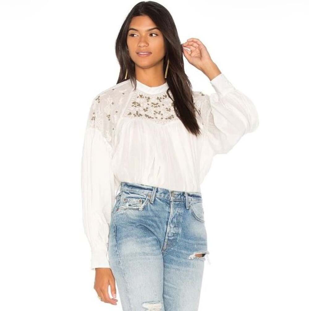 New Free People Have It My Way Embroidered White Blouse Top SZ S